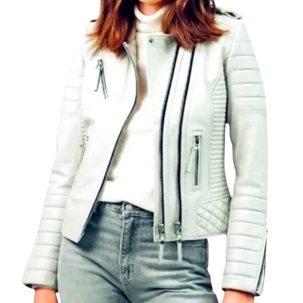 Boda Skins Kay Michaels Leather Quilted Asymmetric Zipper Moto Biker Jacket